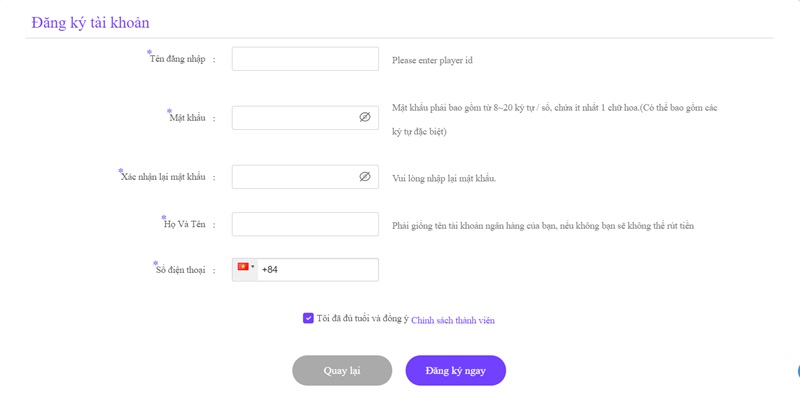 Nhập đầy đủ thông tin khi đăng ký Bet88